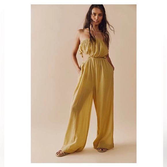 Free People Pants - NEW Free People Womens M Gold Cut Out For It Strapless Jumpsuit Pockets